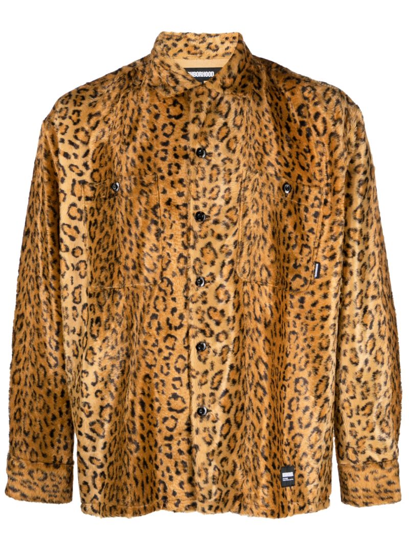 Brown Leopard-print Faux-fur Shirt