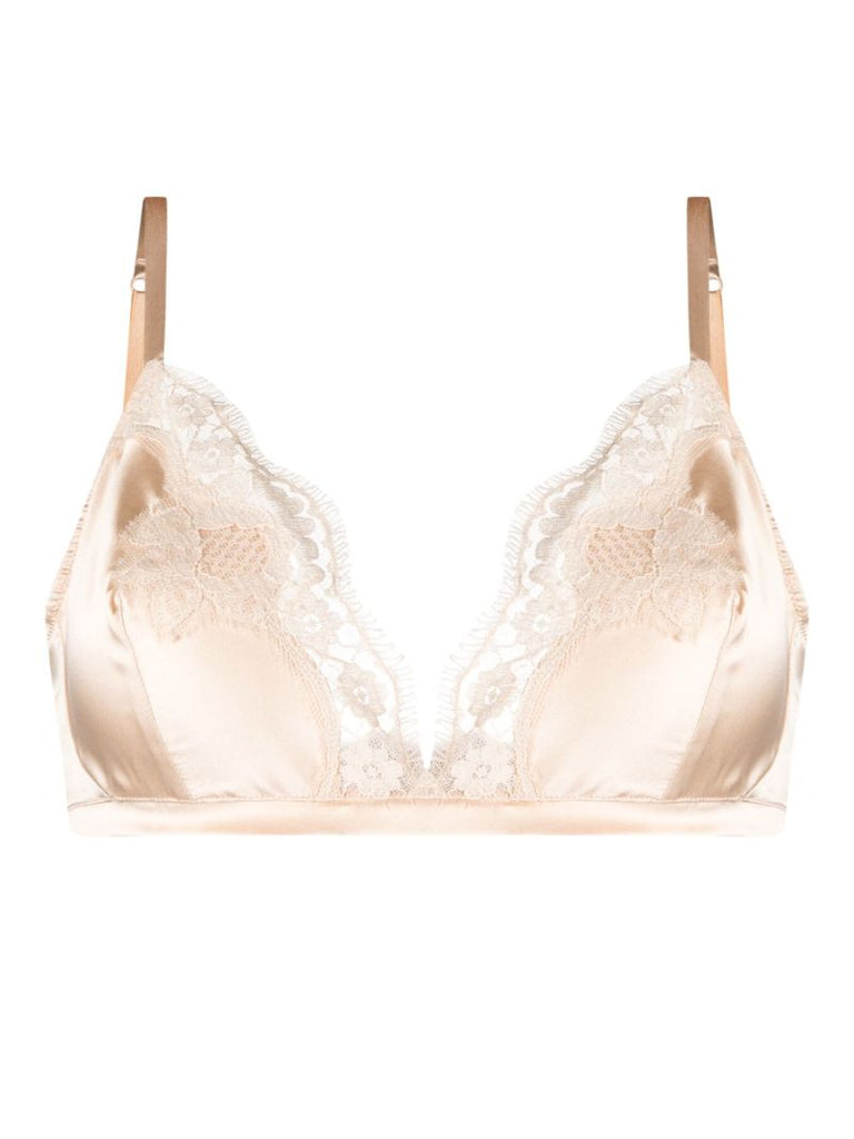 Neutral Lace-trim Satin Bra
