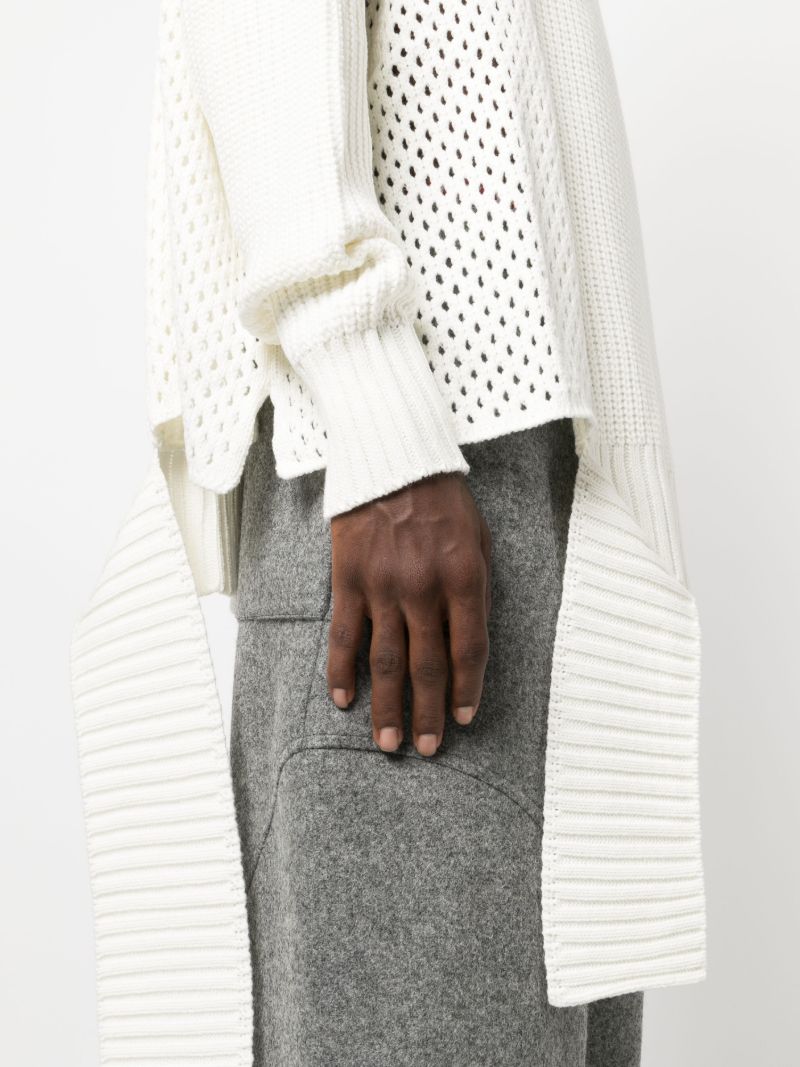 Neutral Asymmetric Mesh Knit Sweater
