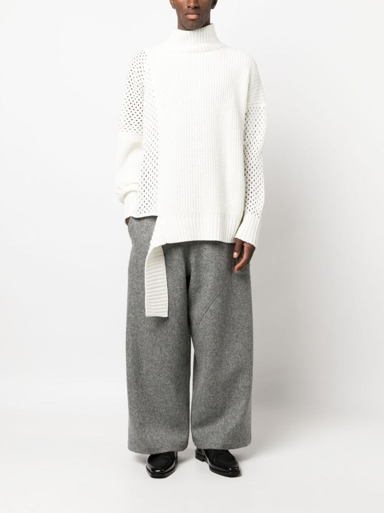 Neutral Asymmetric Mesh Knit Sweater