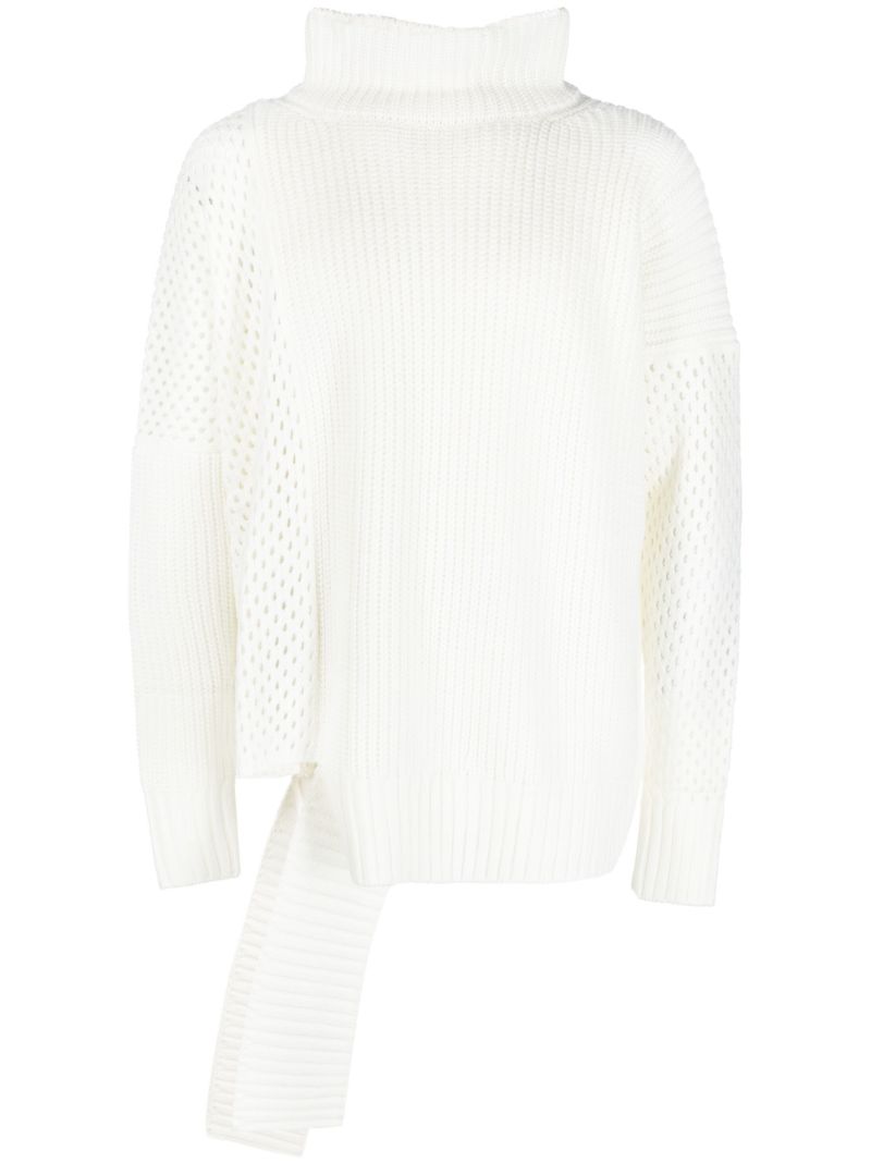 Neutral Asymmetric Mesh Knit Sweater