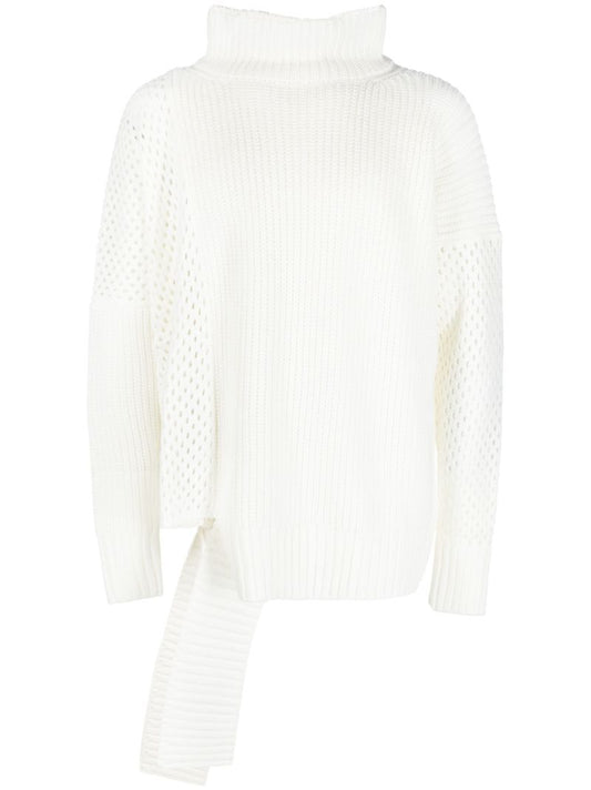 Neutral Asymmetric Mesh Knit Sweater
