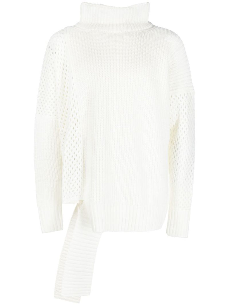 Neutral Asymmetric Mesh Knit Sweater