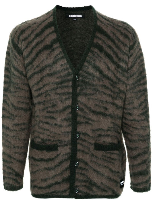 Brown Tiger-intarsia V-neck Cardigan