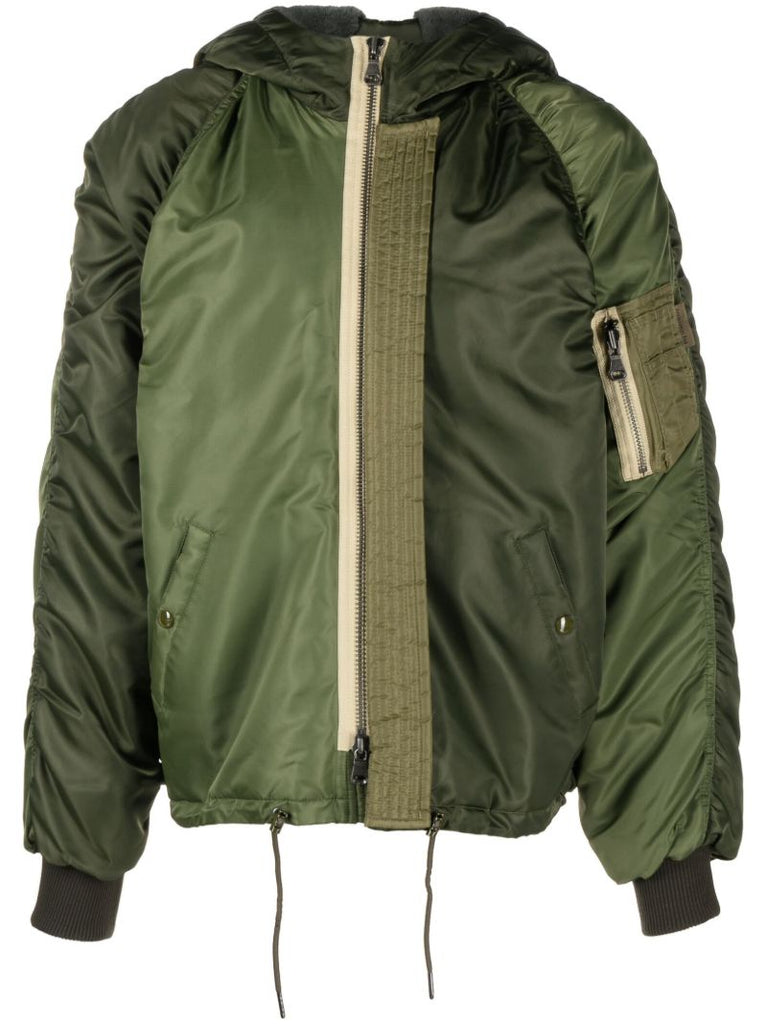 Green Panelled Hooded Bomber Jacket
