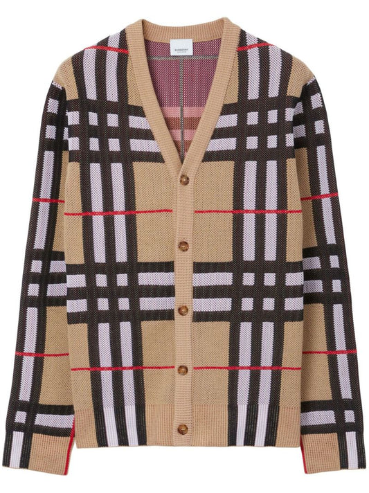 Beige Vintage Check V-neck Cardigan