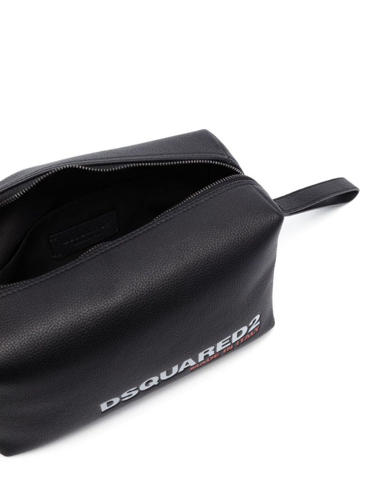 Black Logo Leather Wash Bag