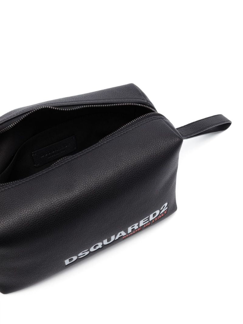 Black Logo Leather Wash Bag