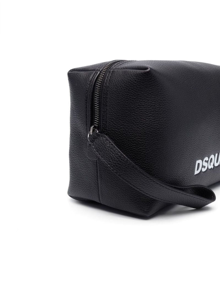 Black Logo Leather Wash Bag