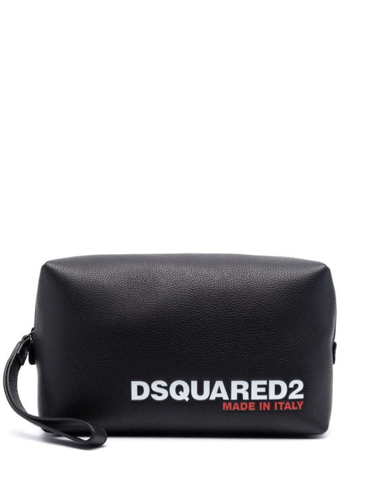 Black Logo Leather Wash Bag