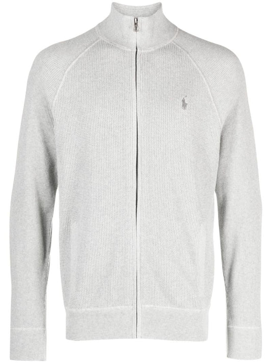 Grey Polo Pony Embroidered Zip Front Sweatshirt