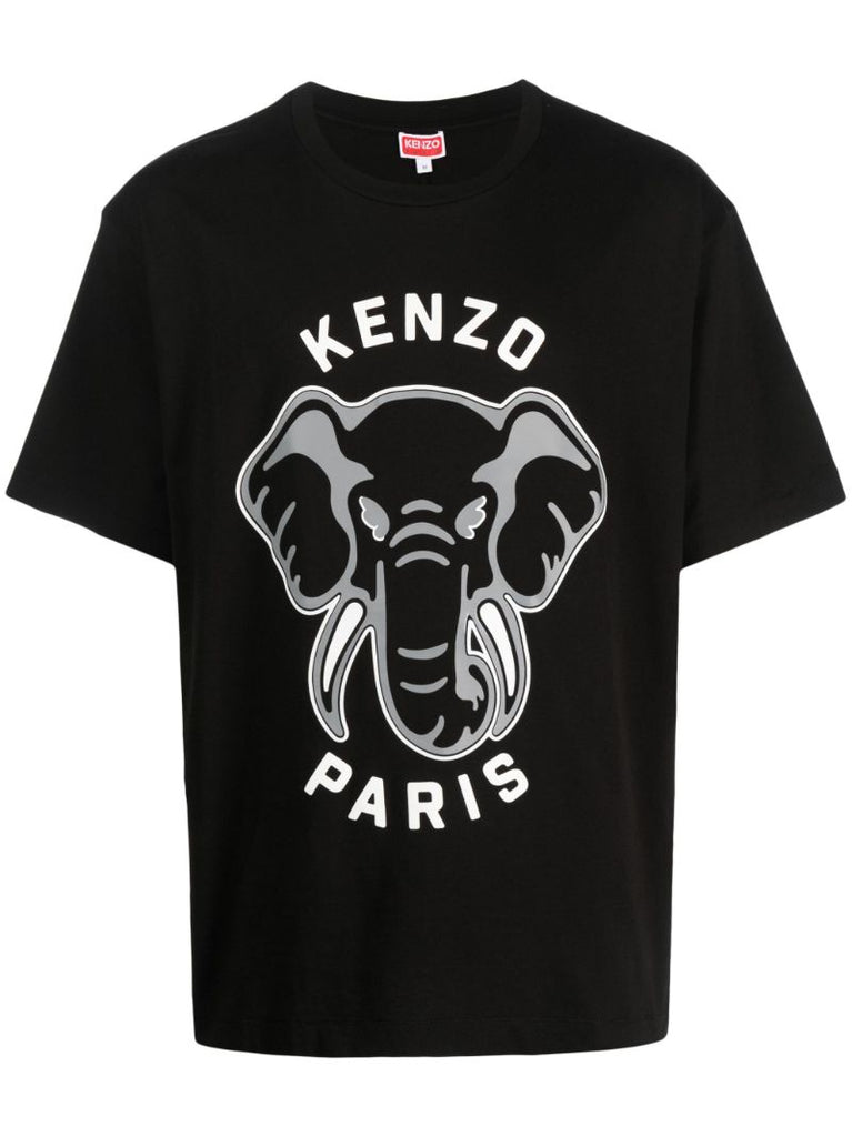 Black Elephant Print Cotton T-shirt