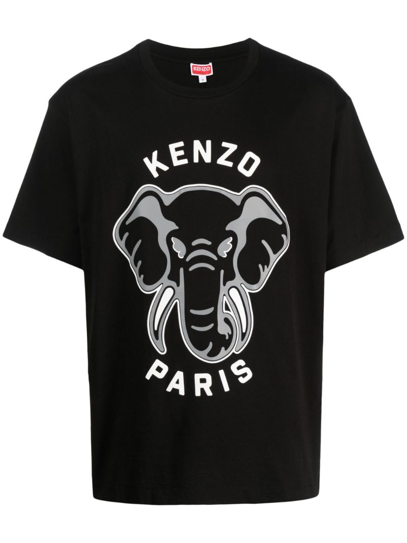 Black Elephant Print Cotton T-shirt