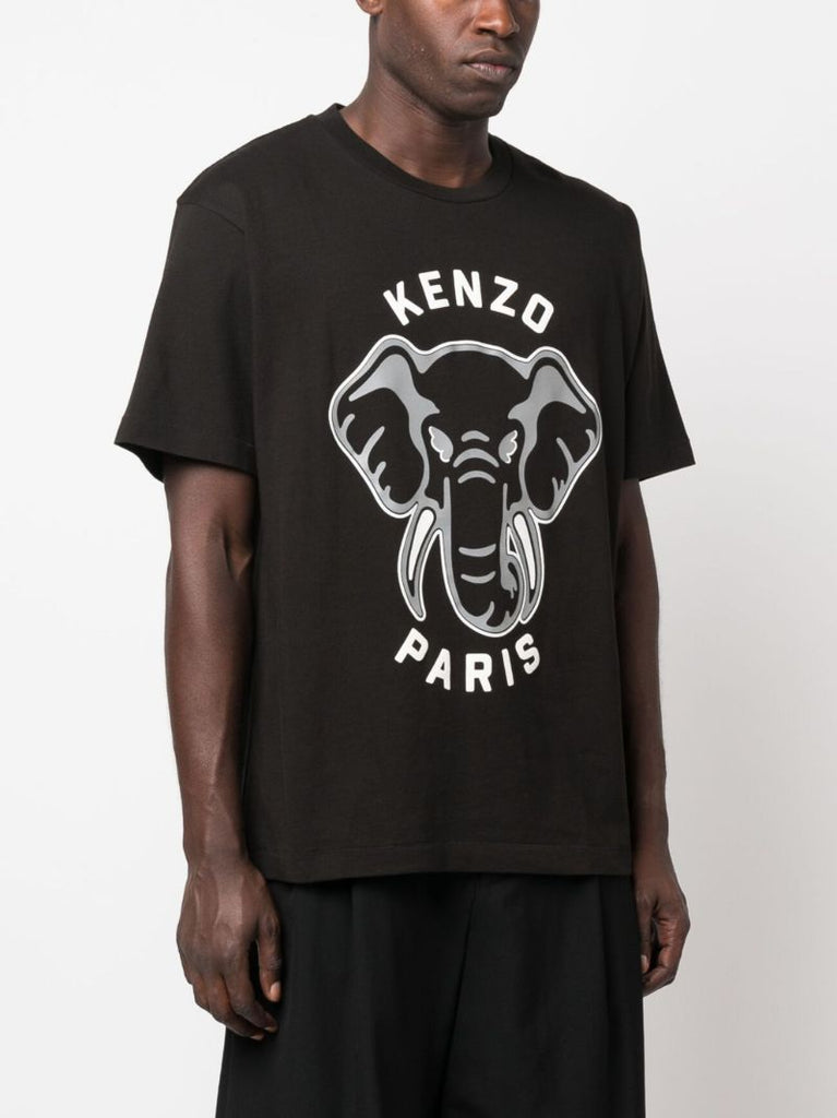 Black Elephant Print Cotton T-shirt