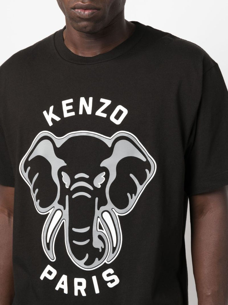 Black Elephant Print Cotton T-shirt