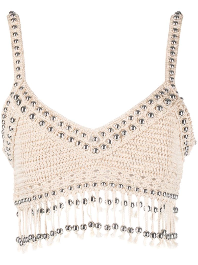 Neutral Beaded Crochet Knit Top