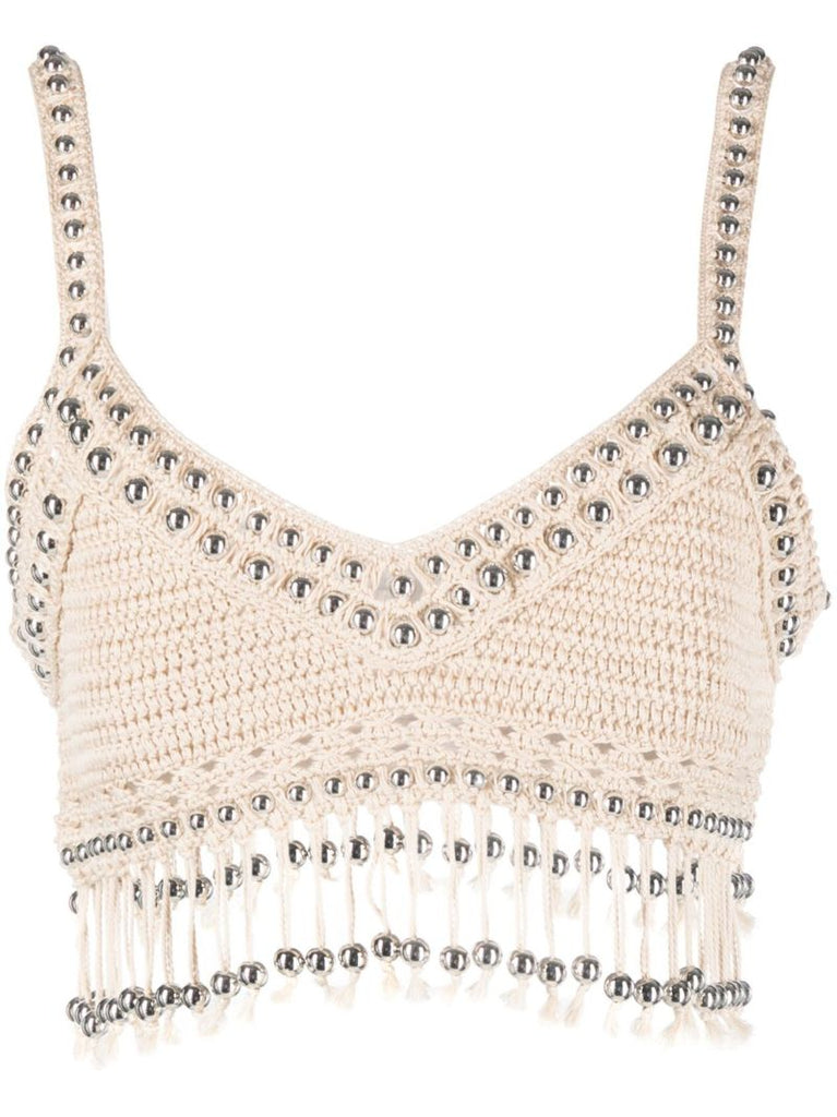 Neutral Beaded Crochet Knit Top