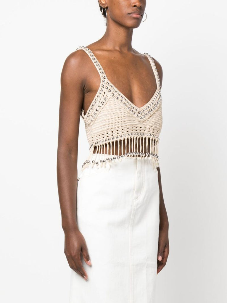 Neutral Beaded Crochet Knit Top