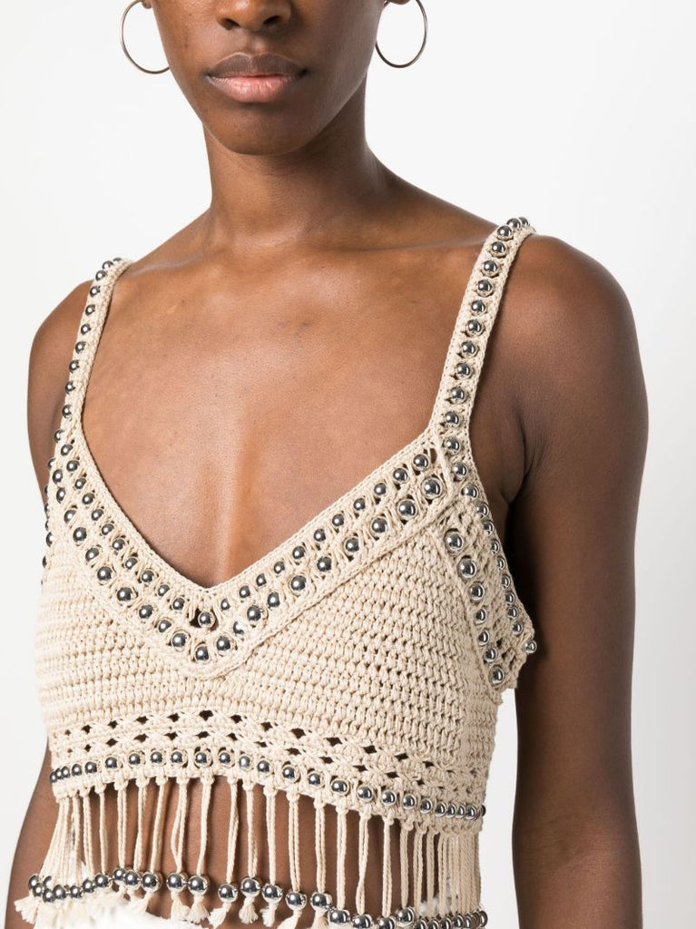 Neutral Beaded Crochet Knit Top