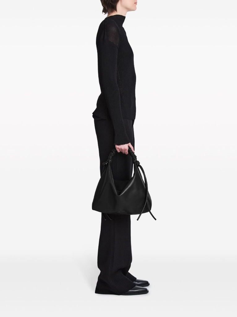 Black Drawstring Medium Leather Shoulder Bag