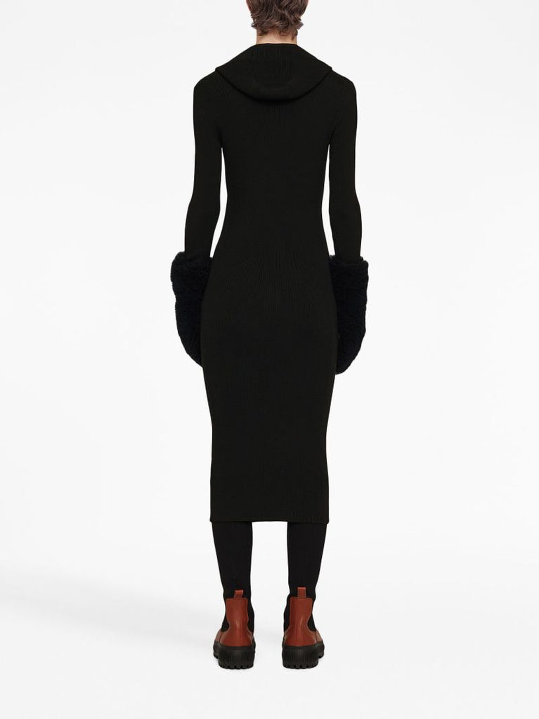 Black Hooded Ribbed-knit Dress