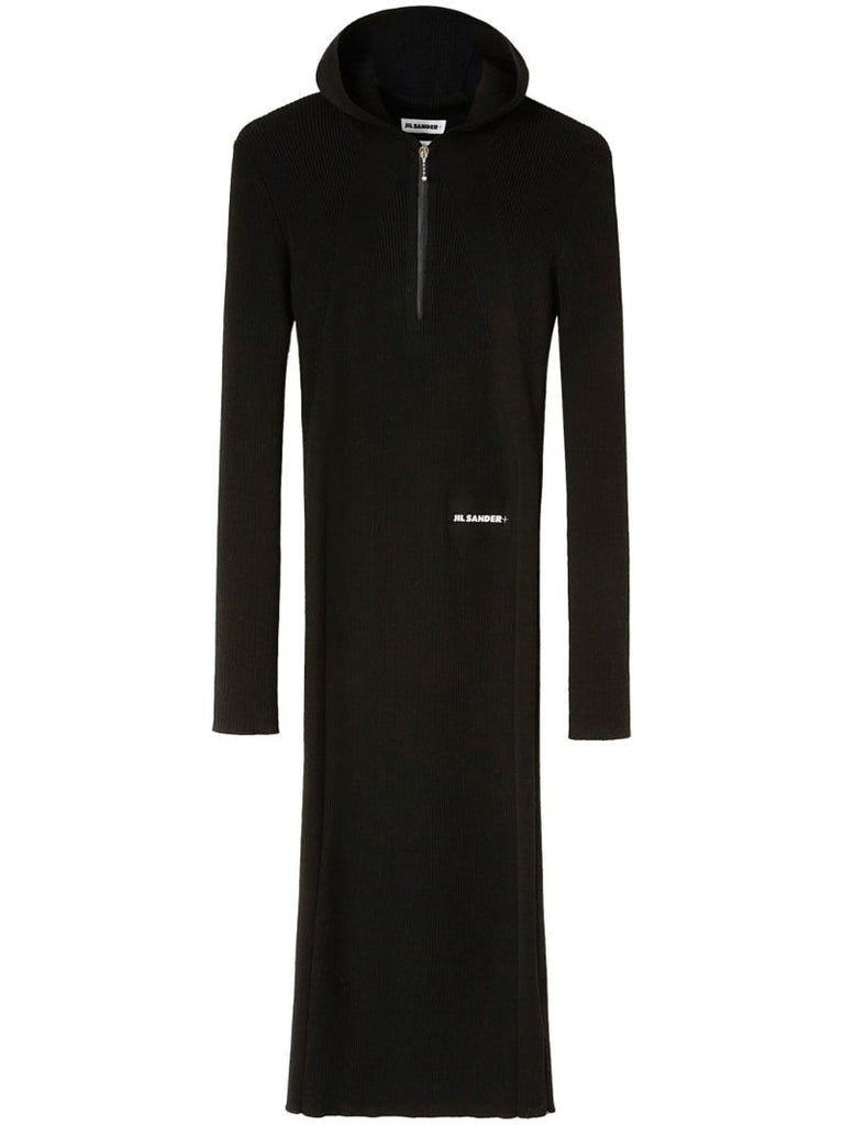 Black Hooded Ribbed-knit Dress