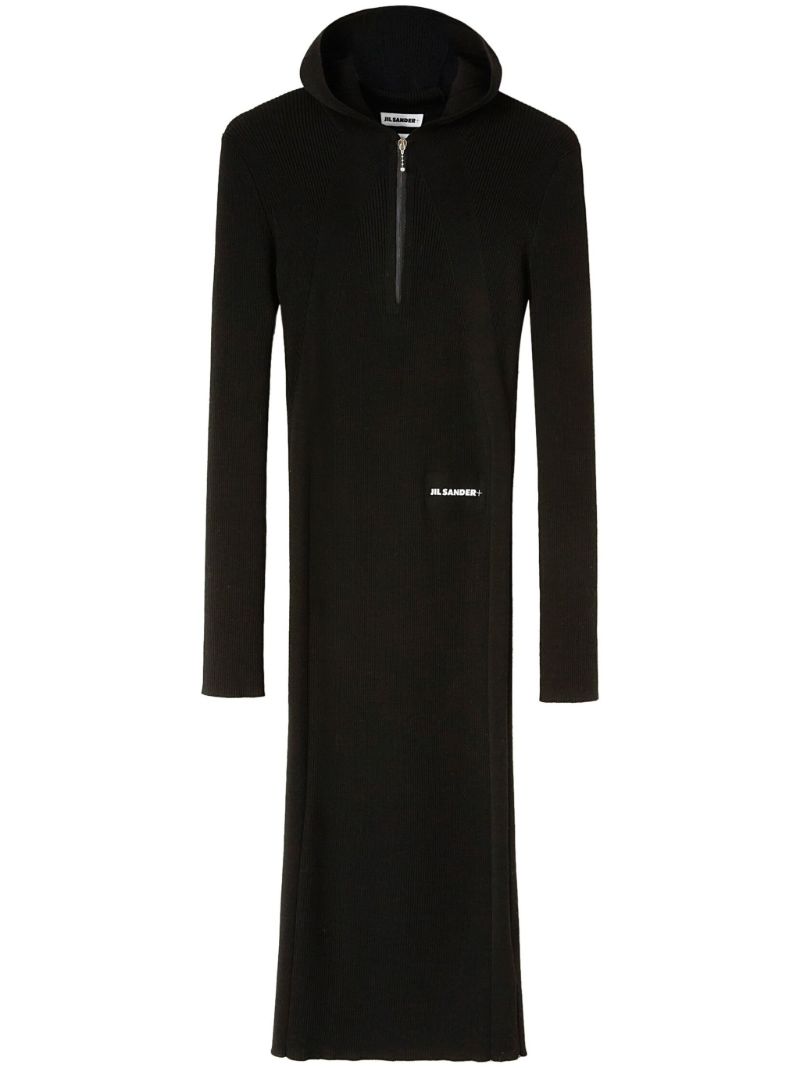 Black Hooded Ribbed-knit Dress