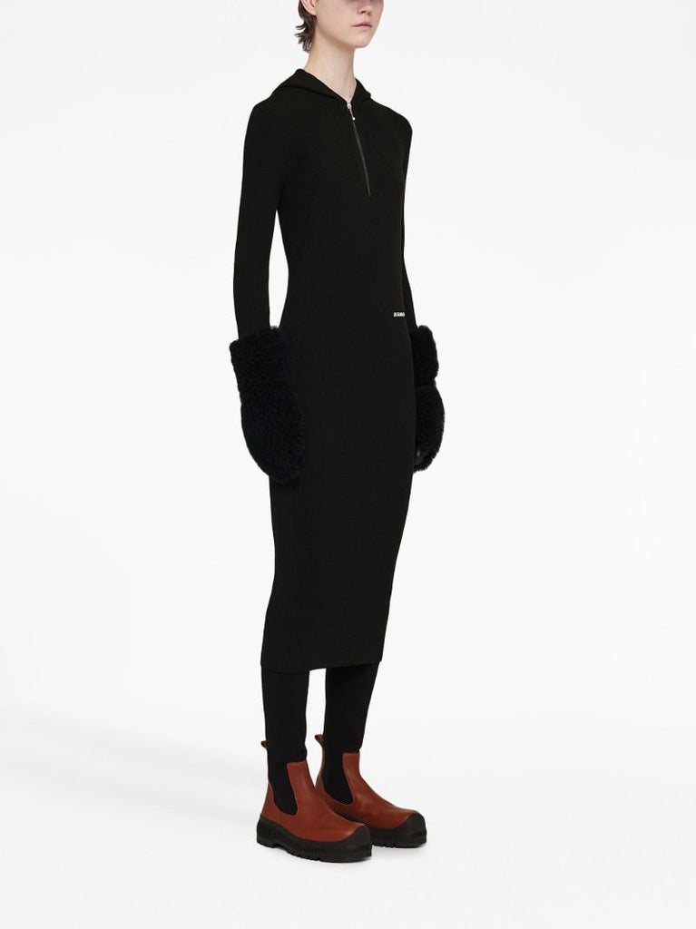 Black Hooded Ribbed-knit Dress