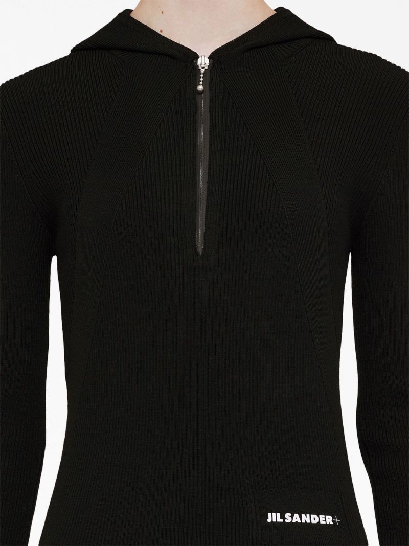 Black Hooded Ribbed-knit Dress