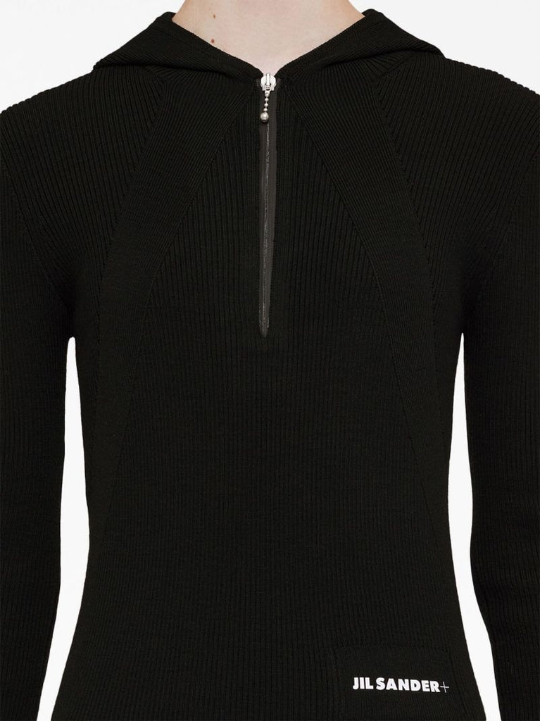 Black Hooded Ribbed-knit Dress