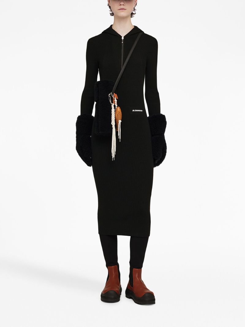 Black Hooded Ribbed-knit Dress