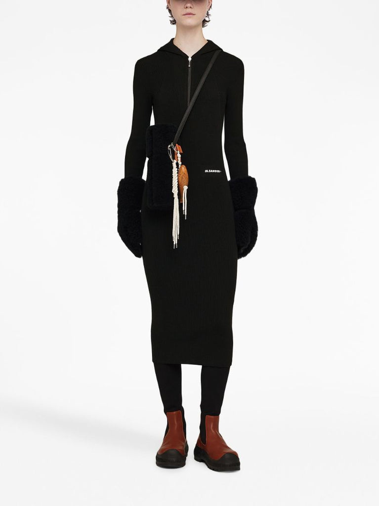 Black Hooded Ribbed-knit Dress