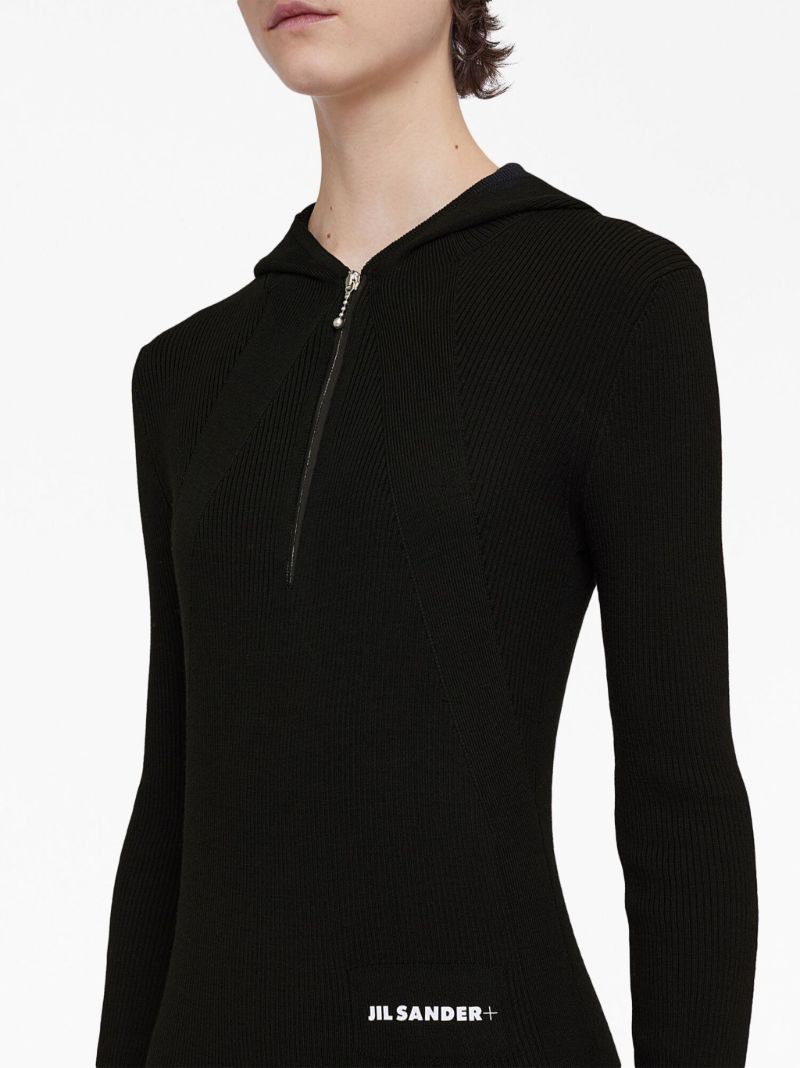 Black Hooded Ribbed-knit Dress