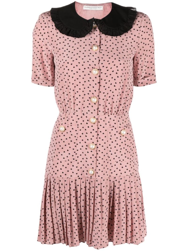 Pink Heart Print Pleated Dress