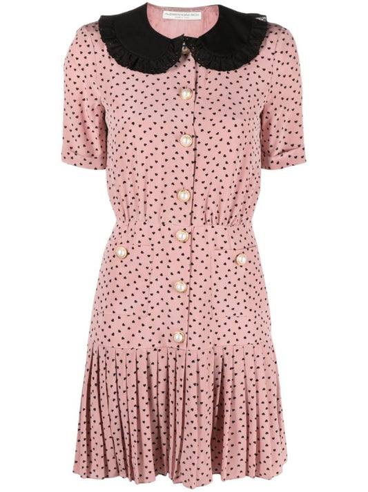 Pink Heart Print Pleated Dress