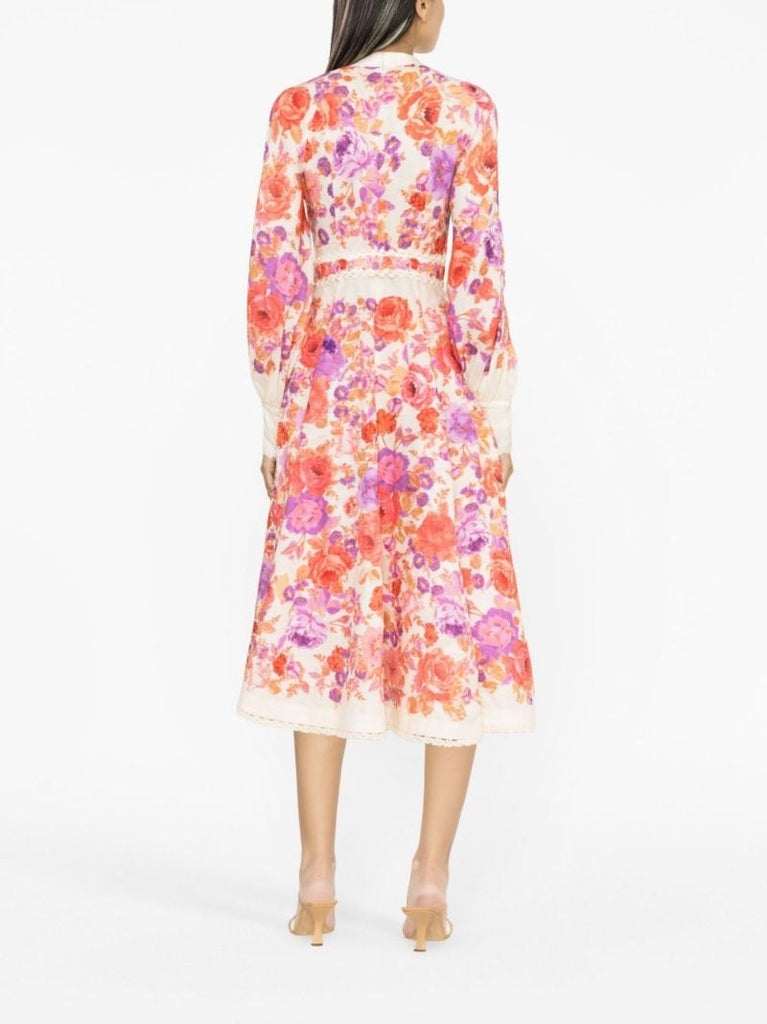Neutral Raie Floral Print Linen Midi Dress