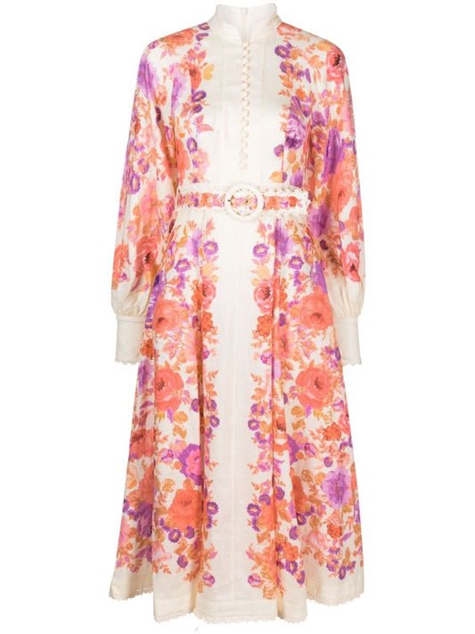 Neutral Raie Floral Print Linen Midi Dress