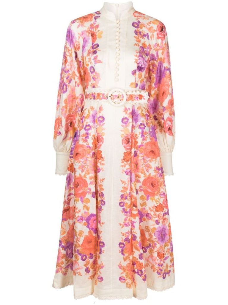 Neutral Raie Floral Print Linen Midi Dress