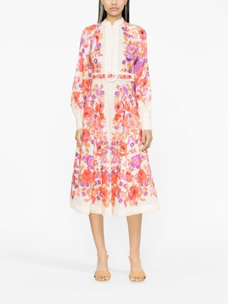 Neutral Raie Floral Print Linen Midi Dress