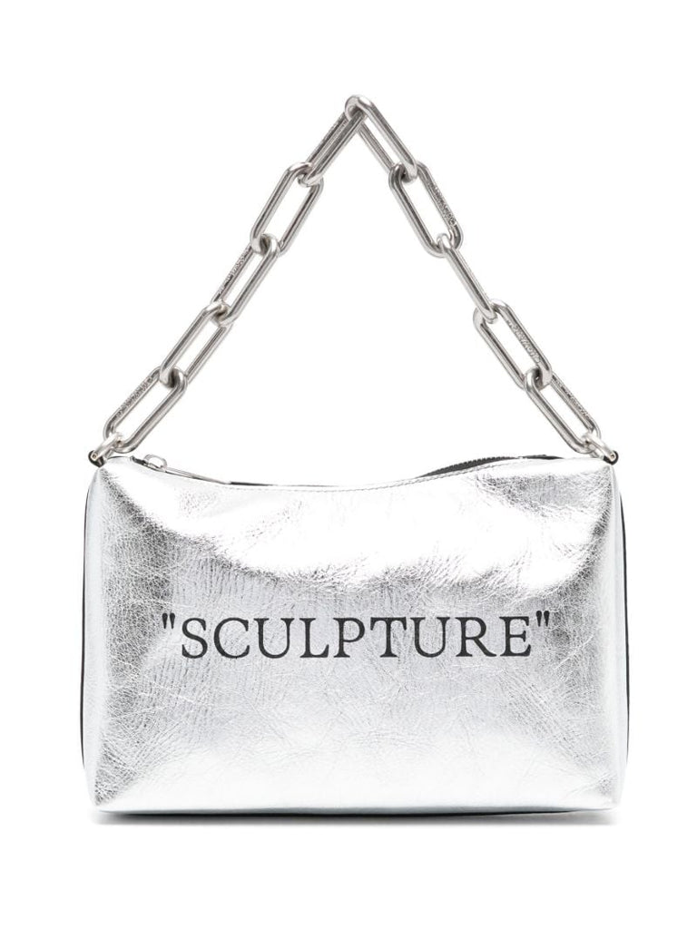 Silver-tone Block Pouch Quote Leather Shoulder Bag