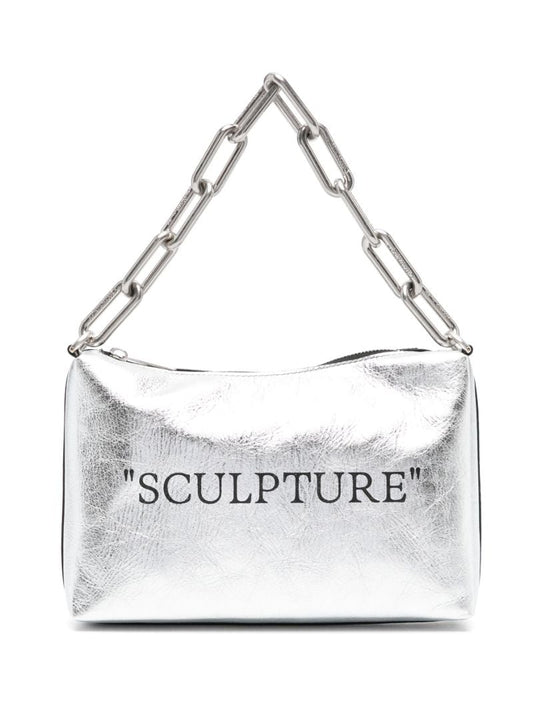 Silver-tone Block Pouch Quote Leather Shoulder Bag