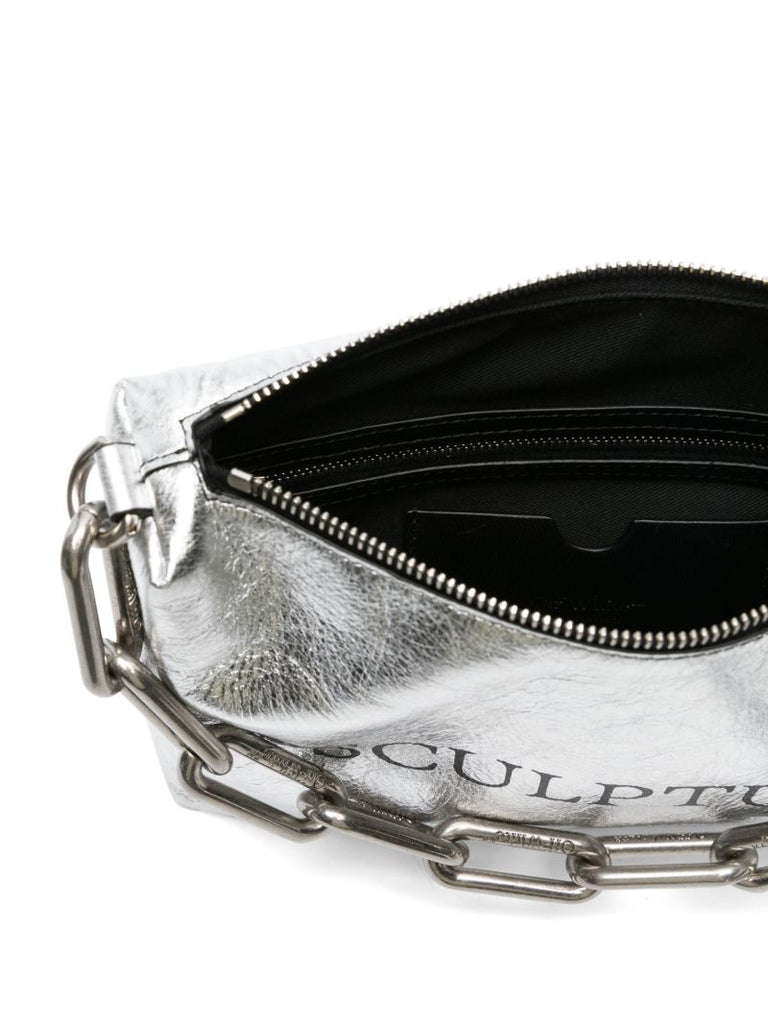 Silver-tone Block Pouch Quote Leather Shoulder Bag