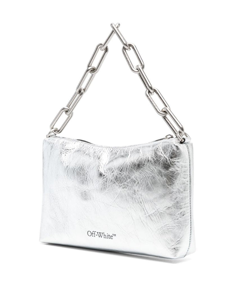 Silver-tone Block Pouch Quote Leather Shoulder Bag