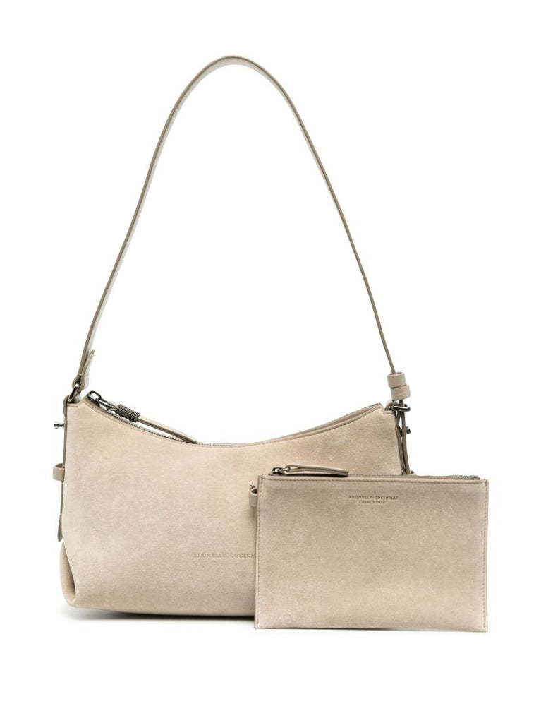 Grey Suede Leather Shoulder Bag