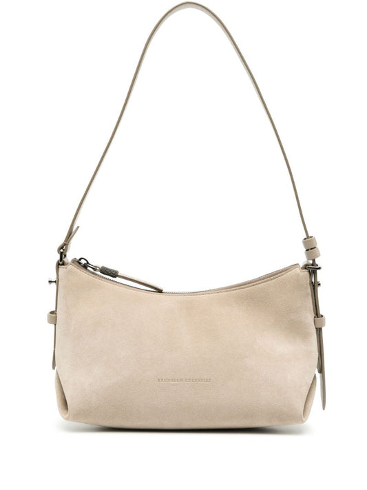 Grey Suede Leather Shoulder Bag