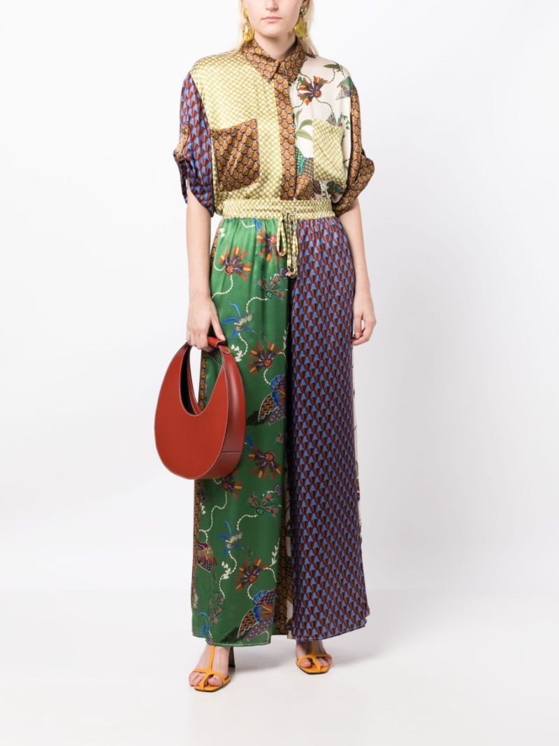 Green Birdie Spliced Mix-print Silk Shirt