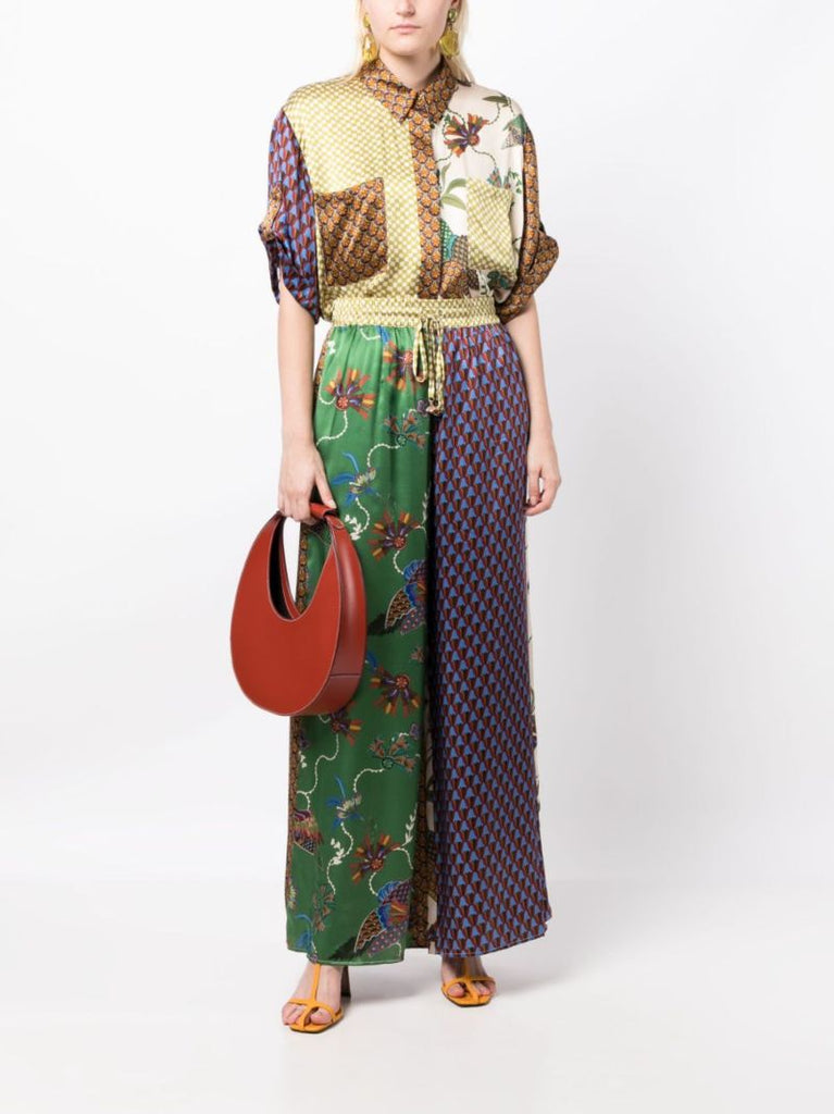 Green Birdie Spliced Mix-print Silk Shirt