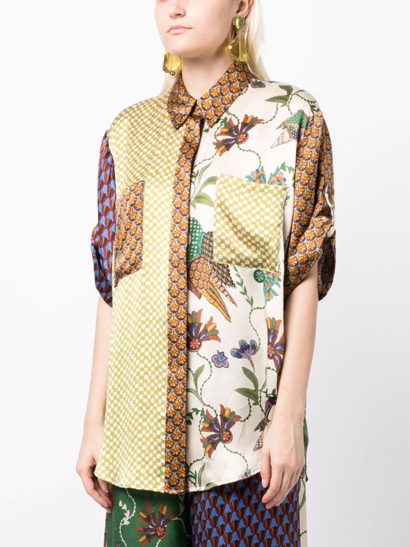 Green Birdie Spliced Mix-print Silk Shirt