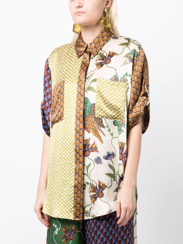 Green Birdie Spliced Mix-print Silk Shirt