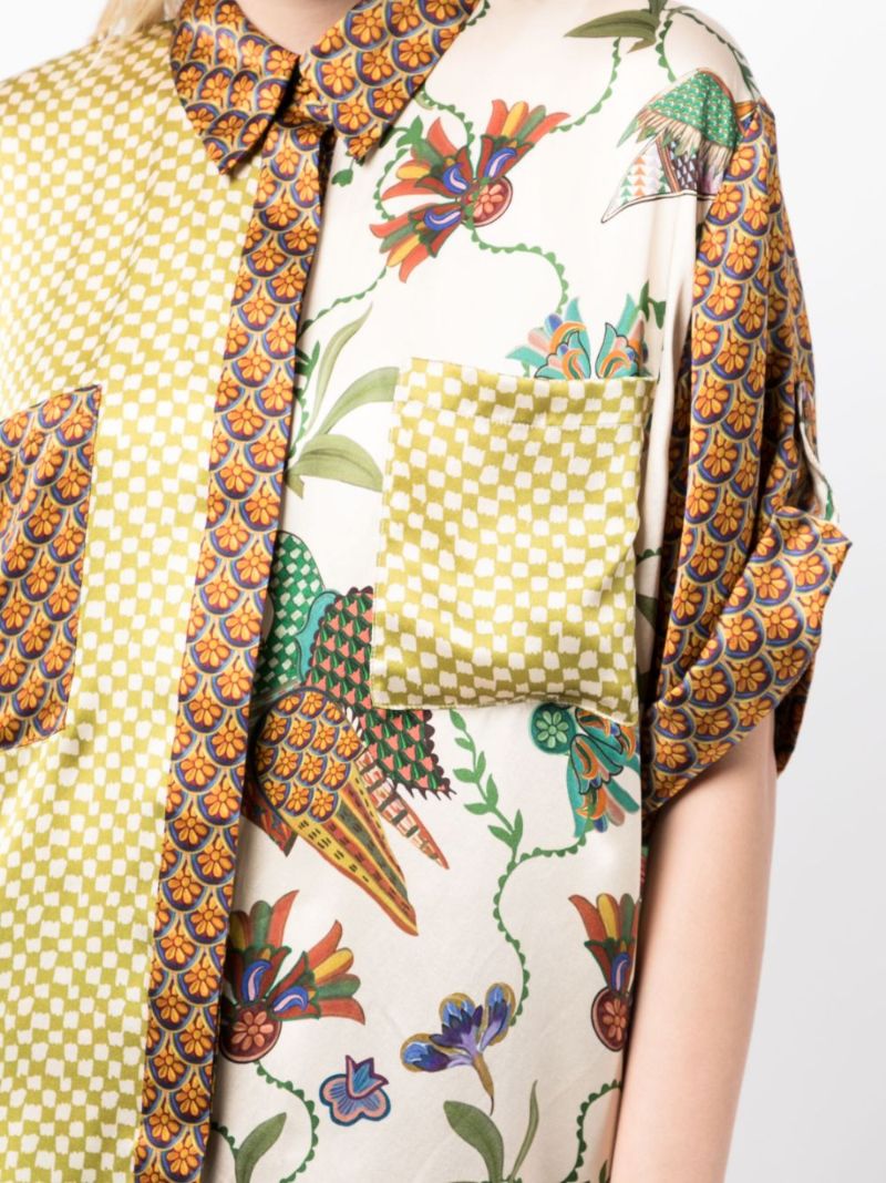Green Birdie Spliced Mix-print Silk Shirt